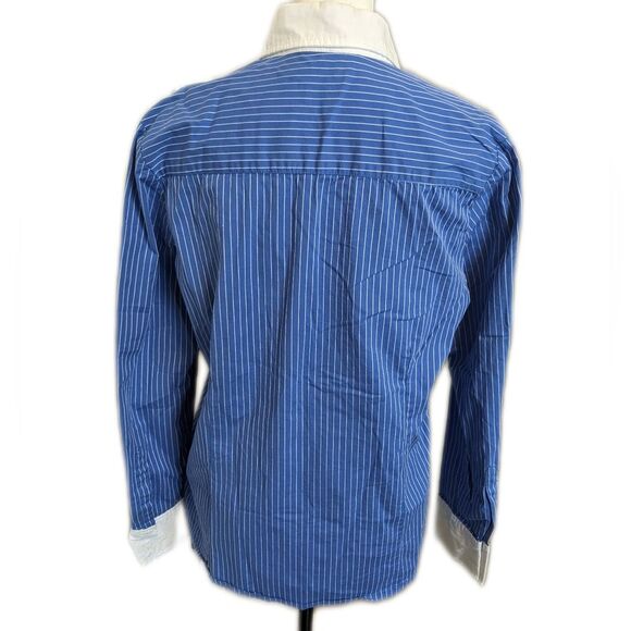 The Limited blue pinstripe blouse, white collar & wrists, pockets, buttons, L - Picture 2 of 7